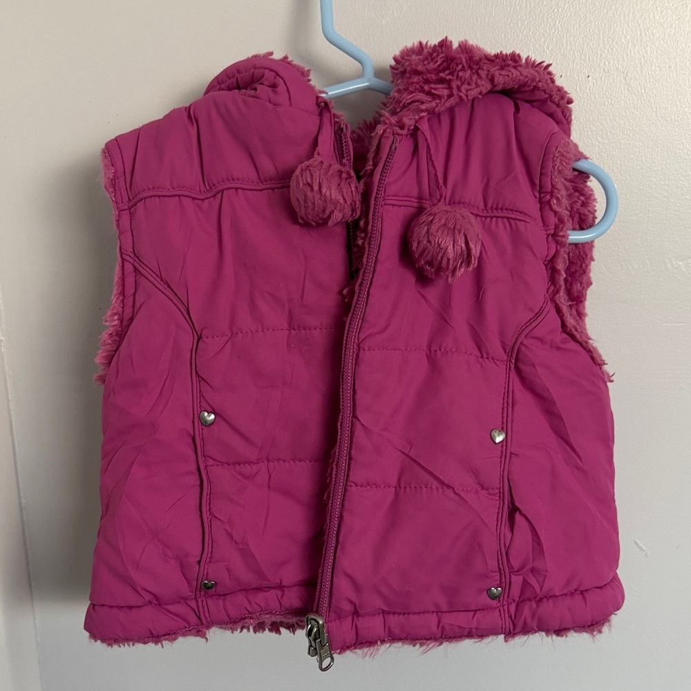 Girls' Magenta Puffer Vest with Hood Pom-Poms